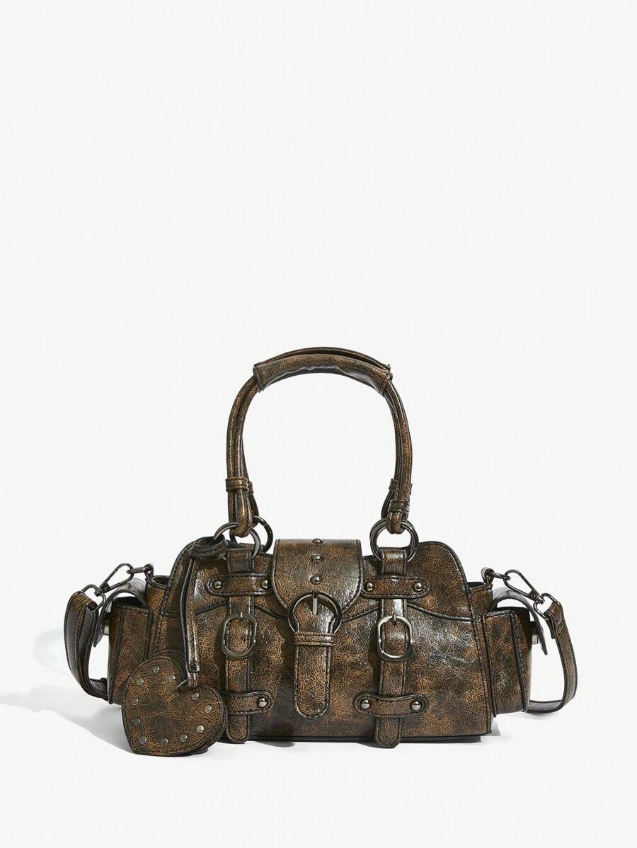 SHEIN ICON Moda femei New Sweet & Cool Y2K Heart Decor Retro Biker Style Top Handler Geantă, potrivită pentru fete, stradă, Y2K, retro, geantă de mână, tote bag, inimă, stil motociclist, geantă pentru școală, adolescenți