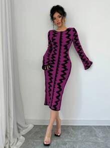 Elenzga Đầm bó sát dệt kim Jacquard thanh lịch cho nữ - Màu tím - Xem 3