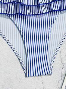 Swim Mod Women's Summer Vacation Beach Fashion Striped Ruffled Briefs - Blue and White - View 7