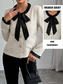 Chiquease Farbblockstreifen Kragen mit Krawattendetail Lange Ärmel Lässig Jacke - Verschiedenfarbig - Übersicht 1