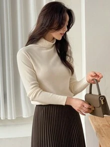 DAZY 女士纯色高领长袖休闲毛衣，秋冬 - 杏色 - 查看 5
