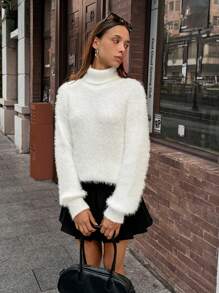 SHEIN Unity Women Fashion Warm Turtleneck Fuzzy Sweater Knit Pullover Fall Winter - White - View 1