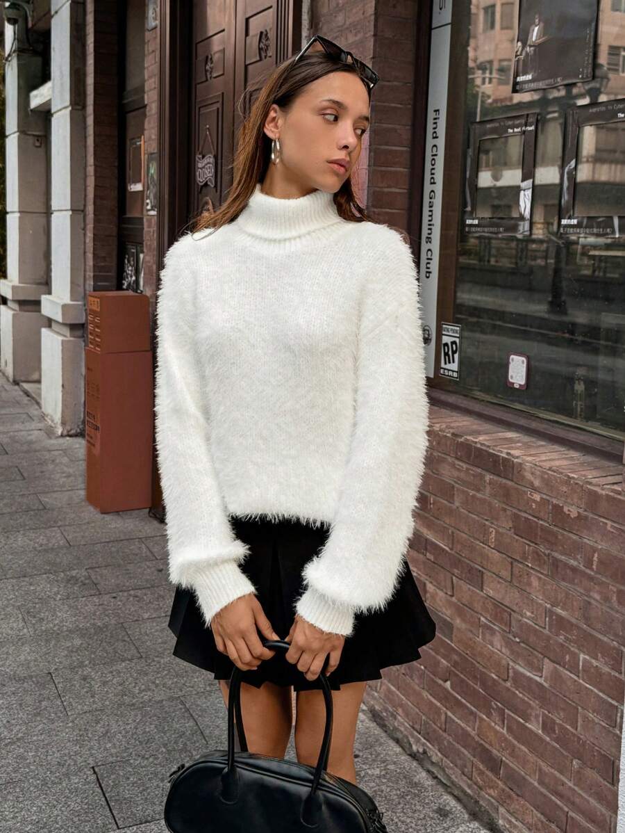 SHEIN Unity Women Fashion Warm Turtleneck Fuzzy Sweater Knit Pullover Fall Winter - White - View 1