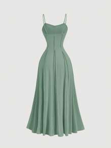 SHEIN MOD 1pc Women's Solid Color Spaghetti Strap Long Casual Dress, Minimalist Style - Green - View 2