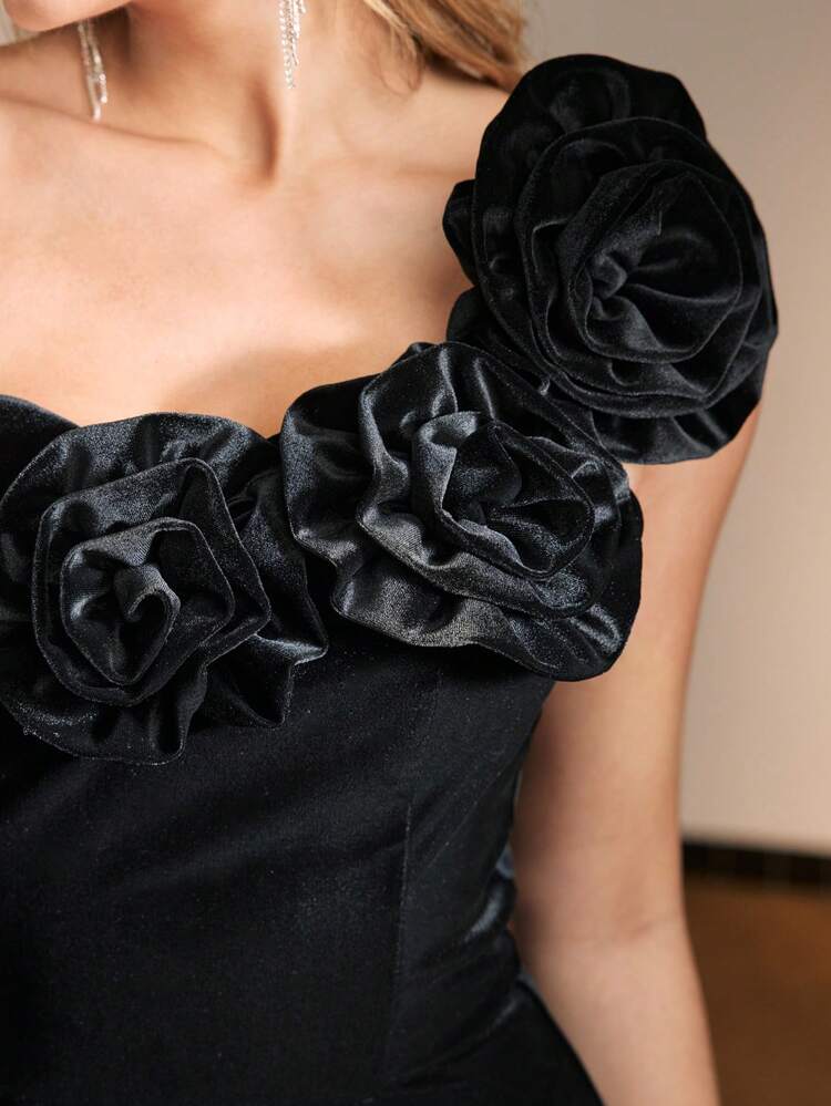 VELVET SOLID ONE SHOULDER STEREO FLOWER DETAIL MERMAID HEM DRESS WITHOUT BELT