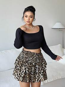 Flirla Conjunto de 2 piezas de blusa de cuello cuadrado con estampado de leopardo negro talla grande talla y falda mini con volantes en A - Multicolor - Ver 5