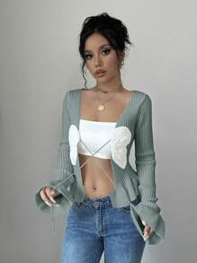 Chiquease Butterfly Applique Colorblock Ruffle Trim Front Tie Elegant Long Sleeve Cardigan Fall Cloth For Women - Green - View 5