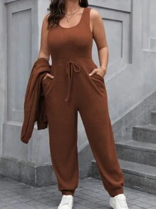 Calvaya Conjunto de 2 Peças, Macacão e Jaqueta em Cor Sólida com Textura Canelada, Plus Size, Casual para Uso Diário, Outono/Inverno