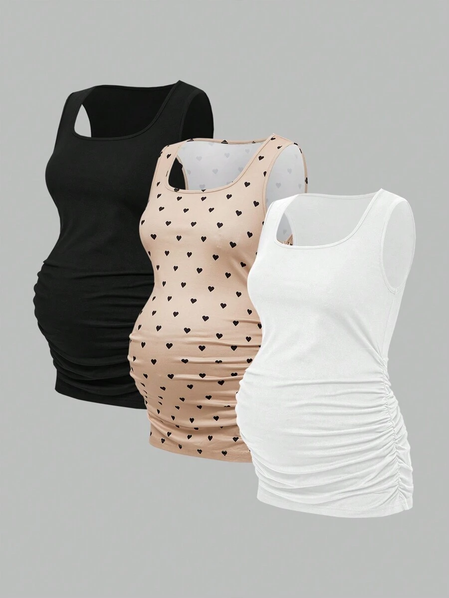 SHEIN 3pcs Maternity Women's Solid Color & Heart Pattern Sleeveless Tank Tops, Casual & Simple, Perfect For Summer - Multicolor - View 1
