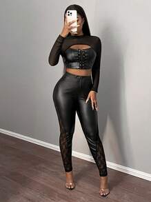 Slaydiva מכנסיים צמודים חדשים ואלגנטיים בגזרה גבוהה, מעור PU ותחרה, בגזרה שחורה לנשים - שחור - ראה 2