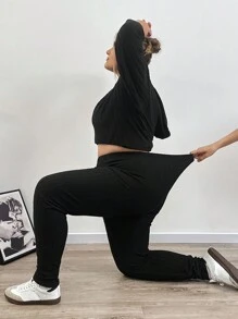 SHEIN CURVE+ 大码针织罗纹长袖弧形下摆 T 恤和紧身裤套装 - 黑色 - 查看 6