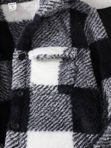 SHEIN Leap Crew 少女黑白格子双面蓬松短外套和紧身连体裤两件套服装，舒适的冬季造型 - 黑與白 - 查看 3