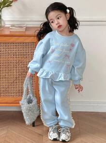DAZY 2pcs Girls Casual Letter Print Ruffle Hem Sweatshirt And Sweatpant Set, Autumn - Blue - View 2