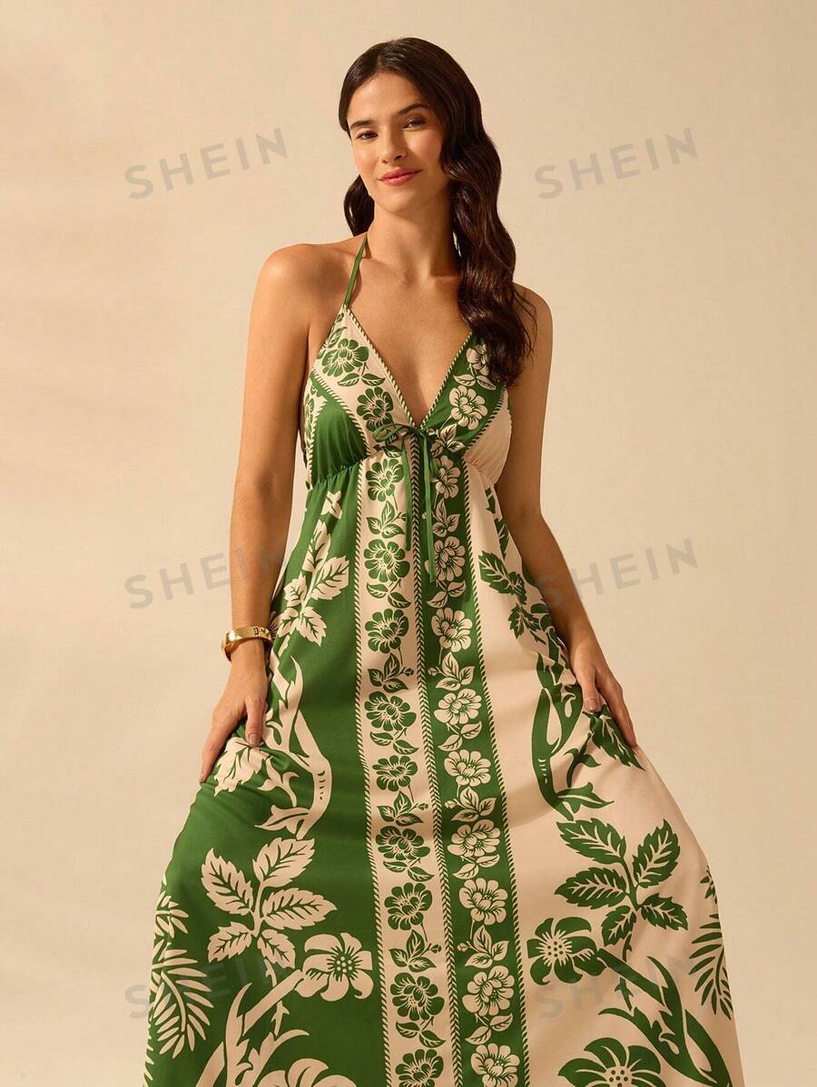 CAJUNI Vestido de verano casual para playa con estampado de flores y árboles de coco, tirantes de espagueti y cordones, estilo bohemio tropical para mujeres
