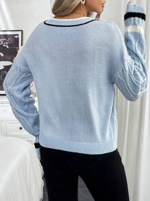 SHEIN LUNE Women's Solid Color Splice V-Neck Pullover Sweater, Minimalist & Casual Knit Pullover Fall Winter Outfit - Blue - View 2