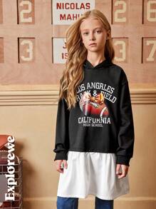 SHEIN 1件少女可爱宽松拼接下摆卫衣，休闲街头风，适合日常和户外活动 - 彩色 - 查看 1