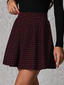 Cottnline 100% Cotton Women's Houndstooth Patterned Knitted Mini Skirt With Elastic Waist - Red - View 4