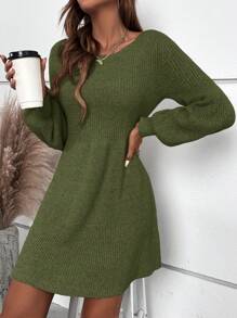 SHEIN Clasi Vestido de punto con mangas farol de cuello redondo y unicolor, para mujer, para otoño/invierno