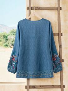 Rusticease Plus Size Women's Denim Effect Floral Print V-Neck Long Sleeve Shirt, Winter