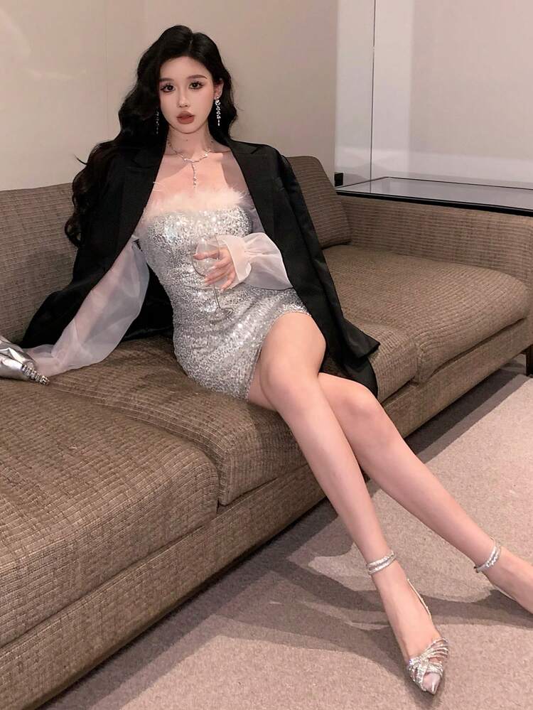 Glitter Net Mesh Contrast Off-Shoulder Puff Sleeve Mini Cocktail Dress ,New Year Eve Prom Dress Party Women,Fall Dress Homecoming Dresses Long Sleeve Dress Luxury Sequin Sexy Dress Valentines Carnival Sparkly Dress