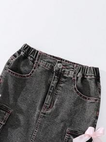 SHEIN 少女街头装甜美可爱粉色蝴蝶结设计纯粉色线条 3D 多口袋黑色牛仔弹力紧身迷你裙 - 黑色 - 查看 6