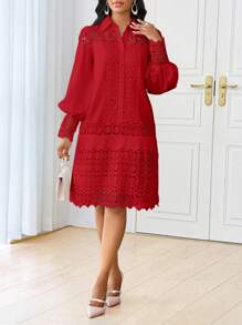 SHEIN Lady Spring And Summer Casual Elegant Work  Contrast Lace Shirt Dress Tunic Dress Midi Women Dresses - Red - View 4