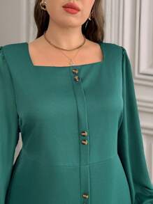 SHEIN LUNE Vestido largo casual de manga larga con cuello cuadrado y botones frontales para mujer de talla grande en unicolor - Verde - Ver 5