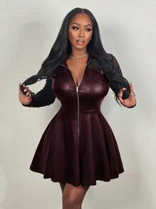 Slaydiva Gaun Bodycon PU Hitam Elegan dengan Resleting Depan dan Patchwork Renda, Potongan Hem Tinggi-Rendah, Lengan Panjang - Coffee Brown - View 5