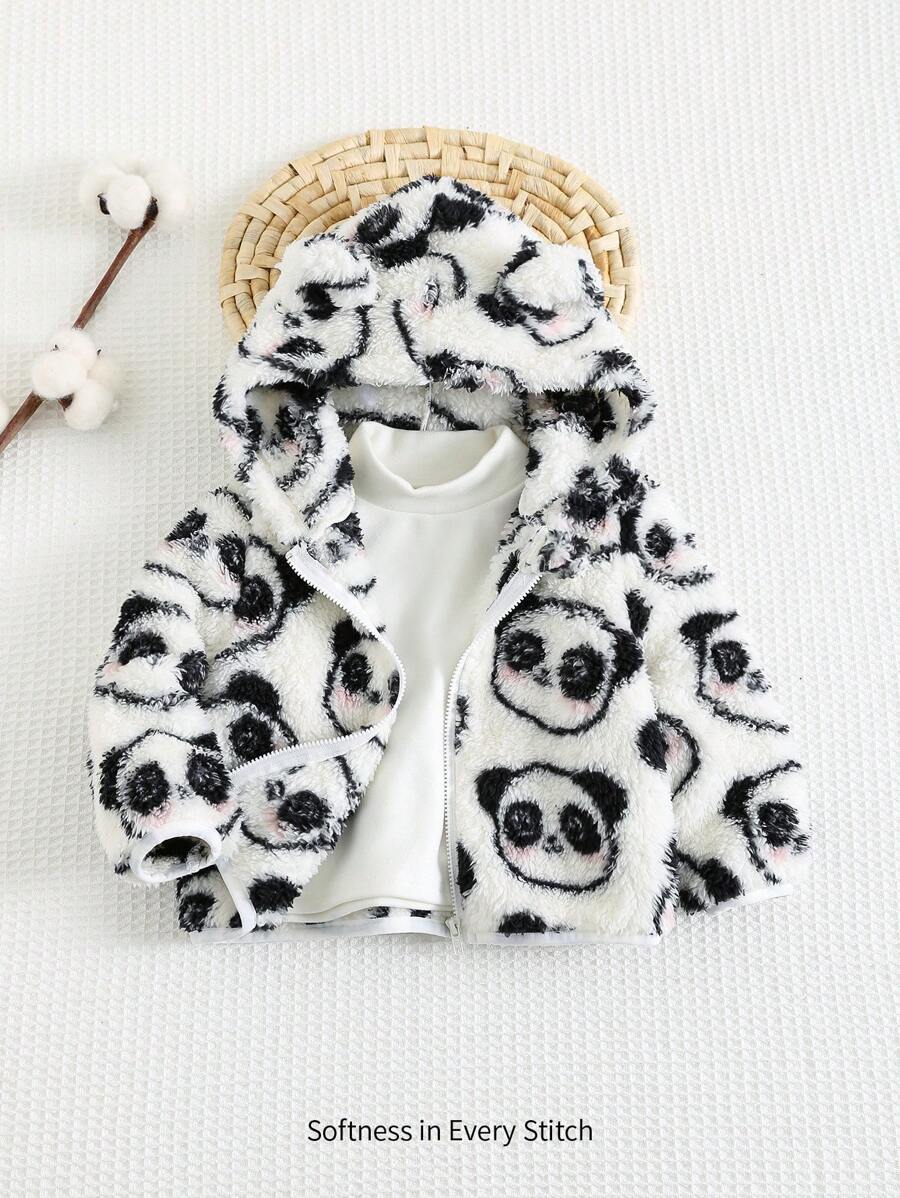 Cozy Pixies Baby Girl Unisex Cartoon Panda & Bear Hooded Thermal Lined Zipper Jacket, Casual, Sports And Outdoor Daily Wear, Autumn/Winter