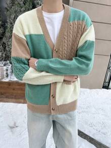 Claim Dot Men's Casual Daily Sporty Contrast Color Pockets Button Front Cardigan Sweater,Autumn - Khaki - View 5