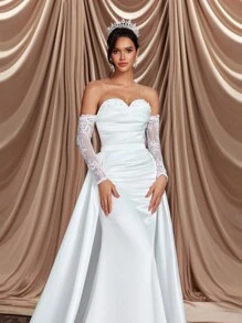 Glamrae 优雅白色露肩露肩蕾丝领串珠透视长袖鱼尾婚纱，带可拆卸超长拖尾（可变换），新娘礼服，新娘 - 白色 - 查看 3