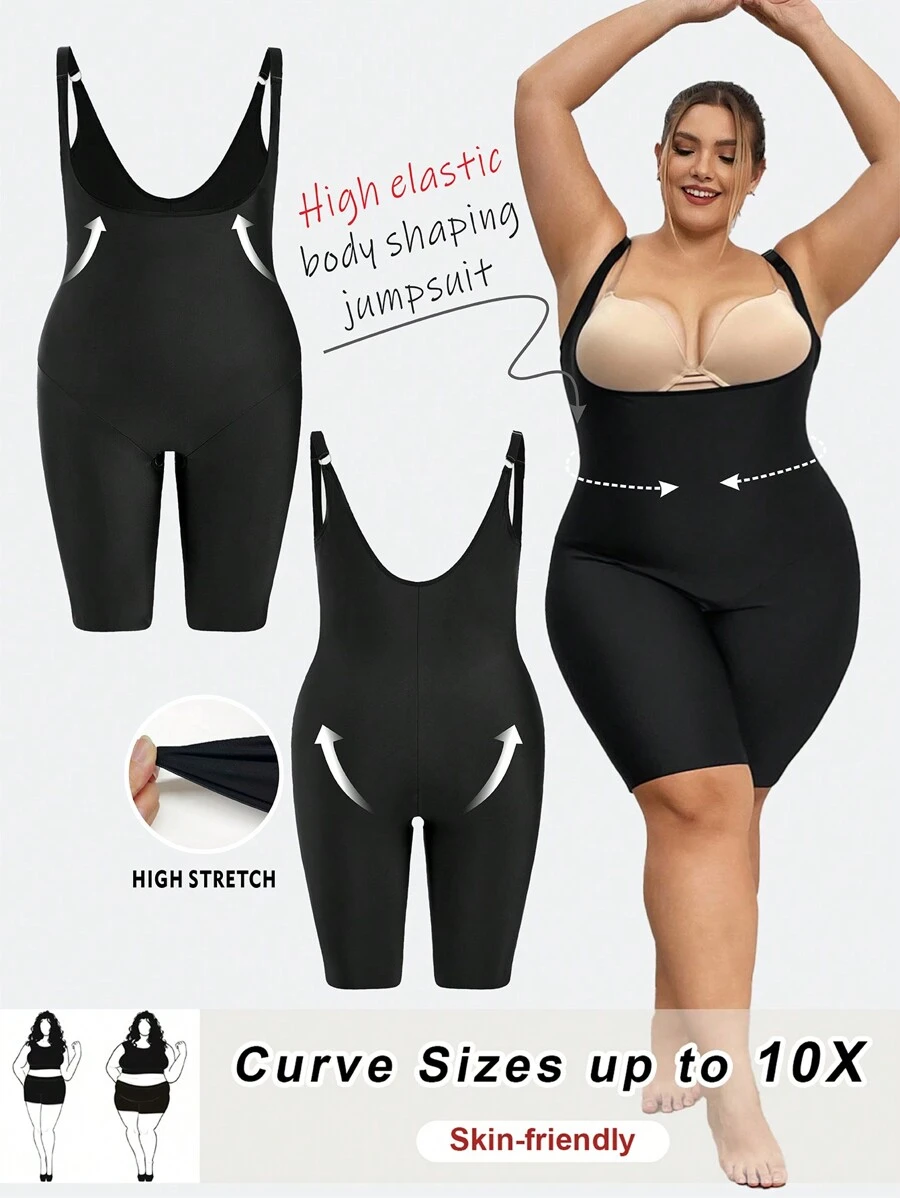 SHEIN CURVE+ Curve Plus Crotchless Shapewear Unitard Romper - Black - View 1