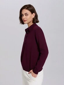 Women Solid Color Button Front Long Sleeve Casual Knit Polo Shirt - Burgundy - View 3