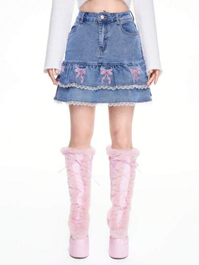 Kawaii Damen süßer Stil Schmetterling Stickerei Spitze Rüschen Saum Patchwork Denim A-Linien Minirock