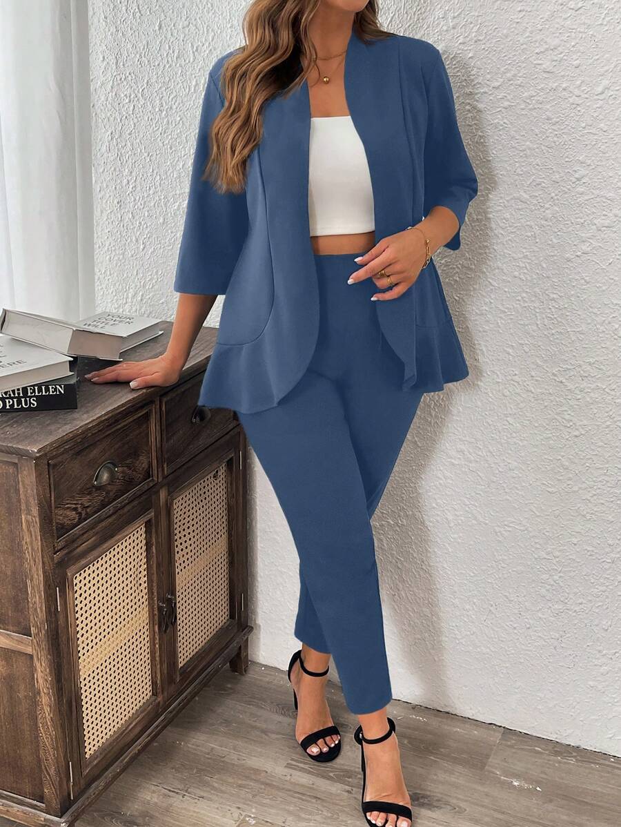 SHEIN LUNE Plus Size Women Solid Color 3/4 Sleeve Blazer And Pants 2 Pieces Office Suit, Business Casual Woman New Years Women Outfit Winter Dresses Winter Clothes Women Rave Outfits Thanksgiving Outfit Women Fall