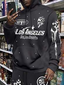 Manfinity EMRG Men's Letter & Skull Print Long Sleeve Drawstring Hoodie Sweatshirt, Autumn - Grey - View 3