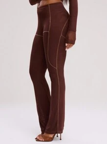 MUSERA Sheer Stitched Flare Trousers Summer Casual - Coffee Brown - View 4