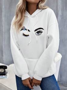 SHEIN EZwear 眼睛图案印花女式休闲长袖连帽运动衫，秋冬 - 白色 - 查看 1