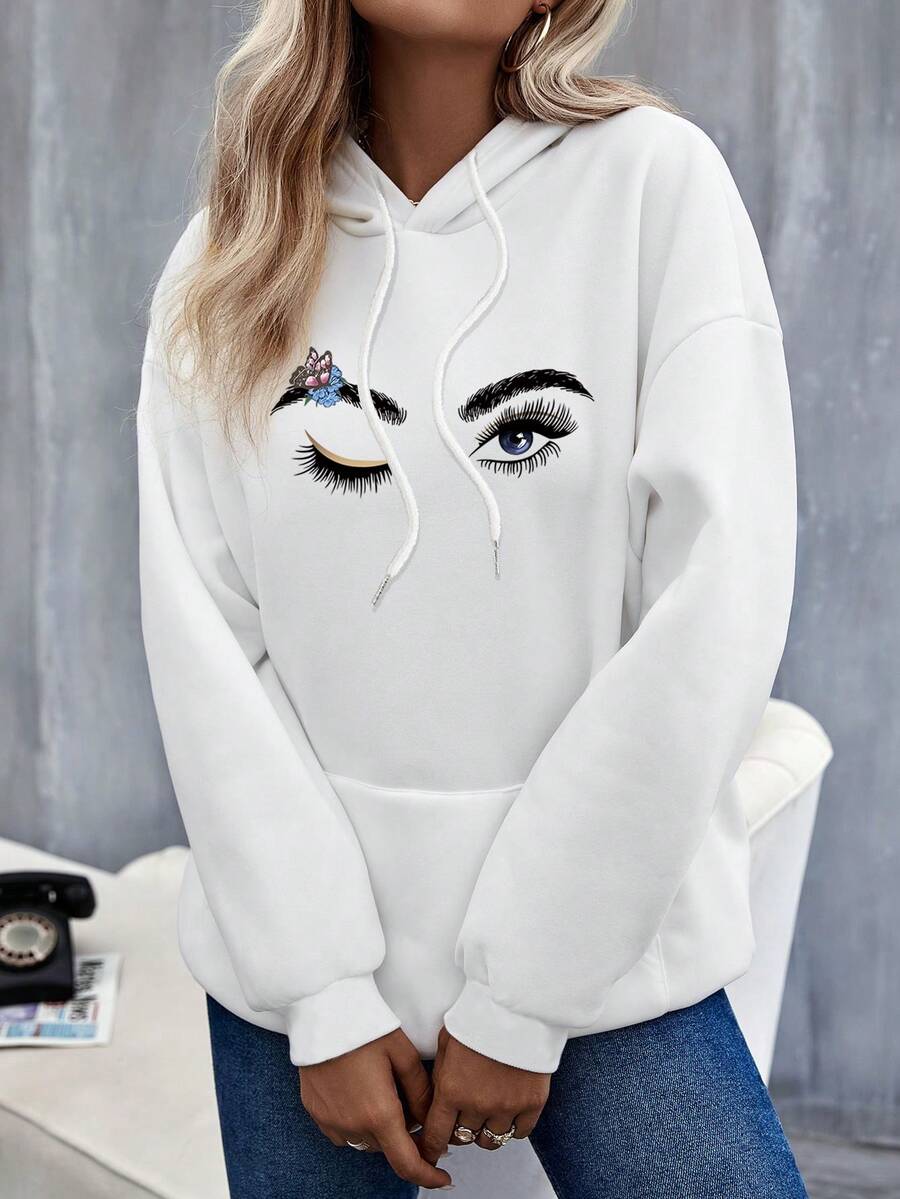 SHEIN EZwear 眼睛图案印花女式休闲长袖连帽运动衫，秋冬 - 白色 - 查看 1