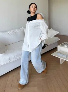POPSWAY Áo thun 2 trong 1 thiết kế ve trễ vai và áo vest co giãn cỡ lớn dành cho nữ - Đen và trắng - Xem 5