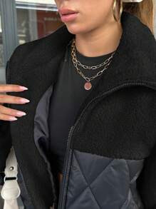 EURMUSE Women Padded Coat With Teddy Bear Fabric Patchwork, Diamond Shape Stitch Line - Black - View 8