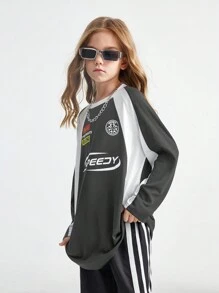 SHEIN Tween 女童秋季学院风街头运动服 Blockcore 足球超大 T 恤，适合返校季 - 灰色 - 查看 4