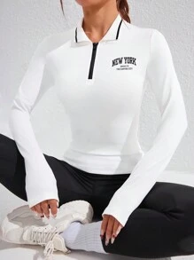 SHEIN Sovereign Charm Women's Front Zip Long Sleeve Casual Letter Print Sporty Polo Shirt - White - View 6