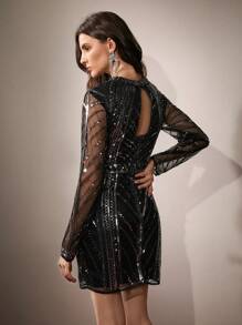 Anewsta Rochie bodycon cu mâneci lungi, fără spate, cu paiete, la modă - Negru - Vizualizare 4