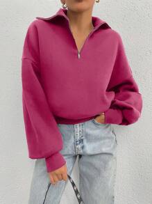 EURMUSE 100% Cotton Collar With Zipper Pattern Oversize Sweatshirt - Pink - View 5