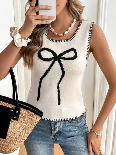 SHEIN Frenchy Mulheres Contraste Guarnição Gola Redonda Sem Mangas Laço Detalhe Simples Casual Colete De Malha
