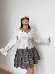 POPSWAY Blusa/camisa elegante y de moda para mujer con cuello cuadrado, mangas farol, cintura con volantes, detalles de encaje en contraste y cierre delantero de lazo, versátil para combinar en días festivos