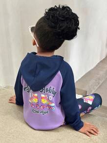 2pcs/Set Little Girls Solid Color Patchwork Long Sleeve Letter Print Graphic Hoodie And Pants Casual Outfit