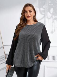 EMERY ROSE 大码女式圆领闪光几何拼接雪纺泡泡袖派对上衣，新年女式冬装