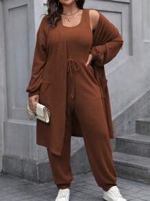 Calvaya Conjunto de 2 Peças, Macacão e Jaqueta em Cor Sólida com Textura Canelada, Plus Size, Casual para Uso Diário, Outono/Inverno